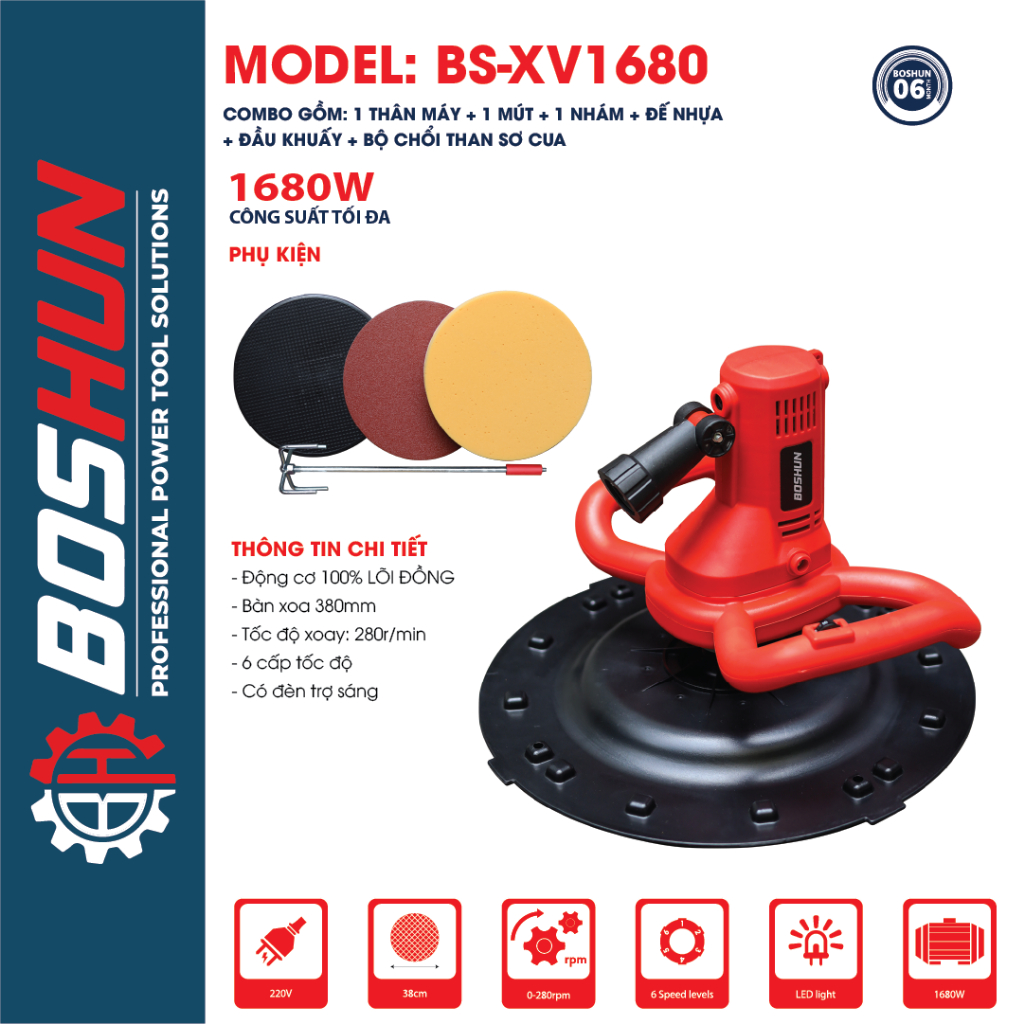 M&aacute;y Xoa Vữa Ch&aacute;t Tường BOSHUN BS-XV1680, C&ocirc;ng Suất 1680W - 6 Tốc Độ - Xoa Vữa, Khuấy Sơn, Ch&agrave; Nh&aacute;m Hot